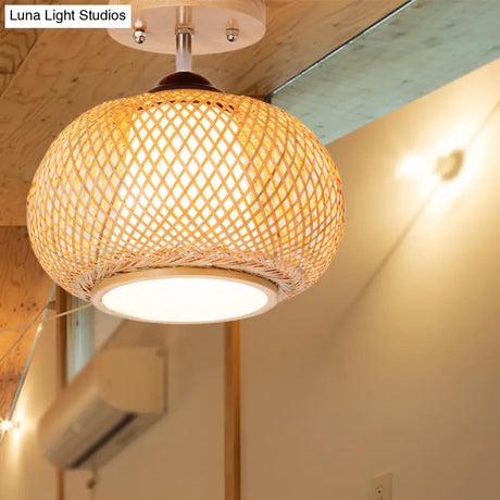 Bamboo Wood Lantern Semi-Flush Mount Ceiling Fixture - 10’/14’/16’ Wide