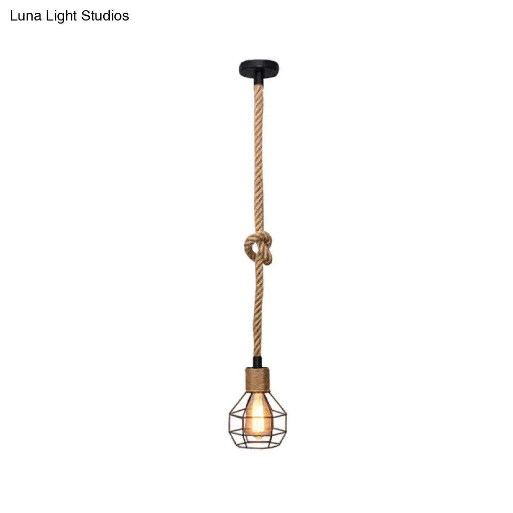Brown Hemp Rope Knot Hanging Lamp With Bare Bulb Design - Farmhouse Pendant Light