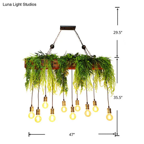 Bare Bulb Industrial Hanging Light With Faux Green Fern Deco - Set Of 10 Bulbs