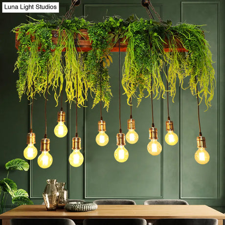 Bare Bulb Industrial Hanging Light With Faux Green Fern Deco - Set Of 10 Bulbs