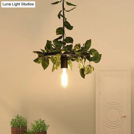 Bare Bulb Industrial Metal Pendant Light - Green Plant Led Hanging Lamp For Restaurants
