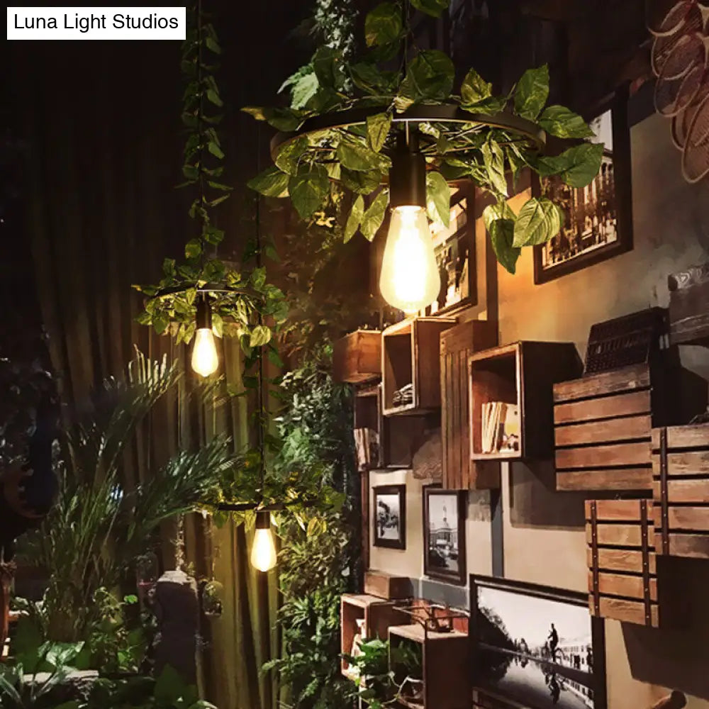 Industrial Metal Pendant Light With Green Plant Led - Perfect For Restaurants