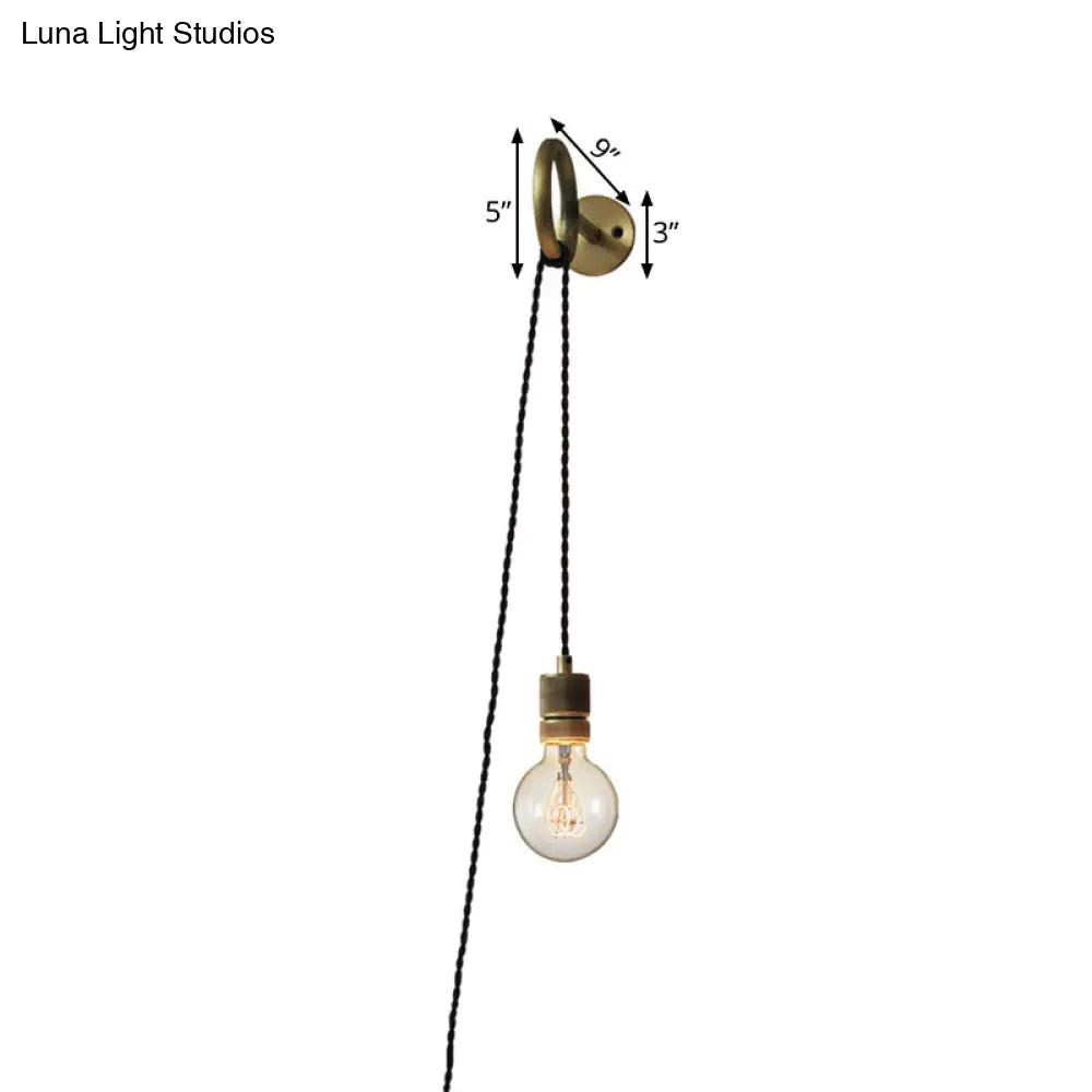 Bare Bulb Iron Gold Sconce Wall Lighting: 1-Head Colonial Mounted Light Fixture With Ring Design