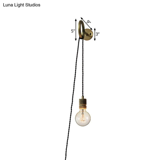 Bare Bulb Iron Gold Sconce Wall Lighting: 1-Head Colonial Mounted Light Fixture With Ring Design