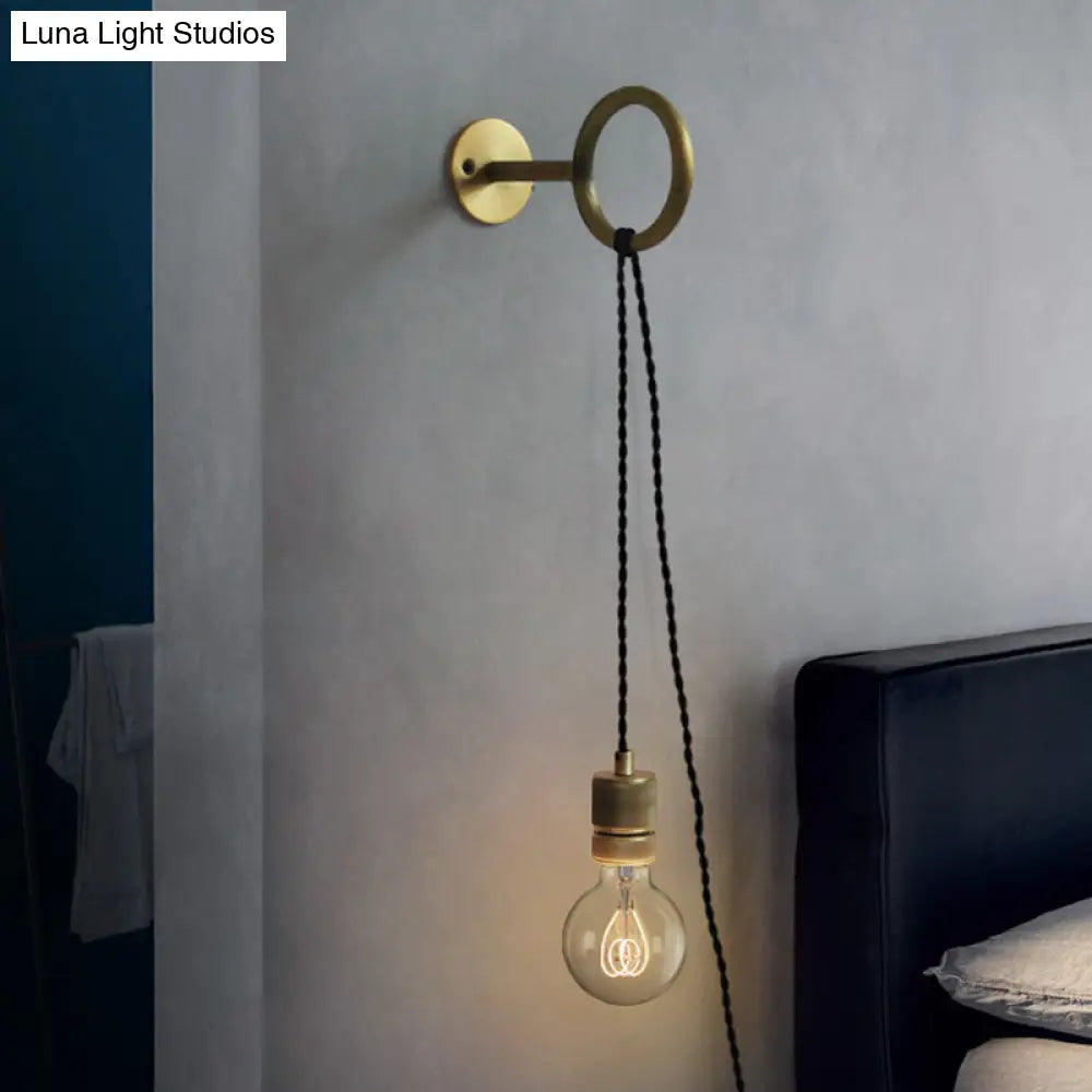 Bare Bulb Iron Gold Sconce Wall Lighting: 1-Head Colonial Mounted Light Fixture With Ring Design