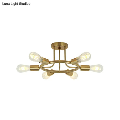 Bare Bulb Mid Century Metallic Semi Flush Ceiling Light - 6 Heads Brass/Black Finish