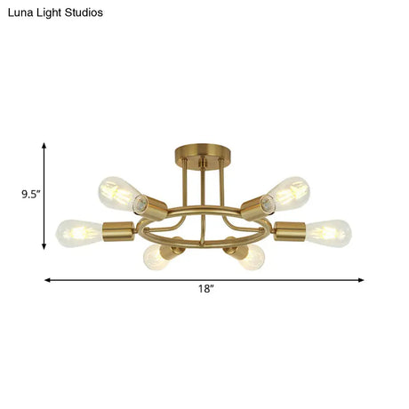 Bare Bulb Mid Century Metallic Semi Flush Ceiling Light - 6 Heads Brass/Black Finish