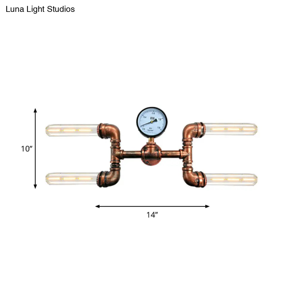 Bare Bulb Rustic Iron Wall Sconce With Gauge Deco - 4-Light Copper Mount For Dining Room