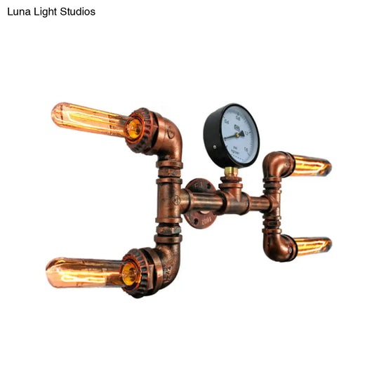 Bare Bulb Rustic Iron Wall Sconce With Gauge Deco - 4-Light Copper Mount For Dining Room
