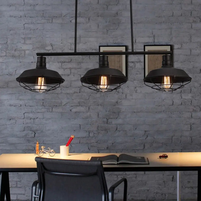 Barn Shade Metal Cage Island Light: Industrial 3-Head Hanging Light For Study Room In Black