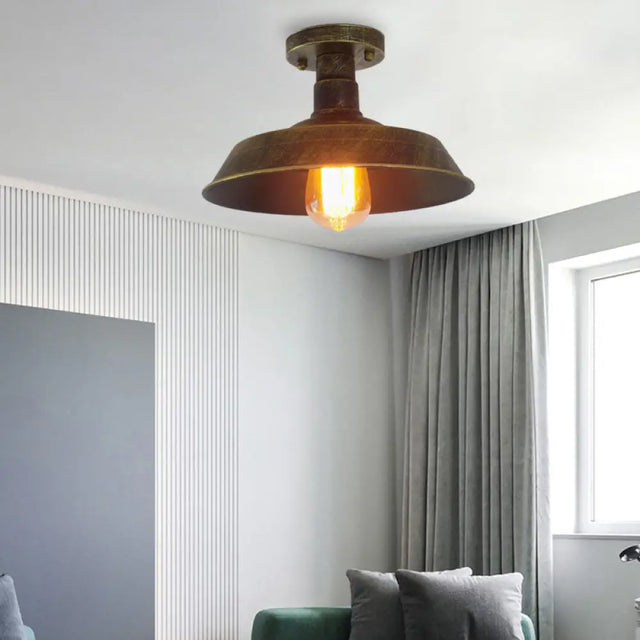 Barn Shade Semi-Flush Mount Ceiling Light In Aged Silver/Weathered Copper For Farmhouse Decor