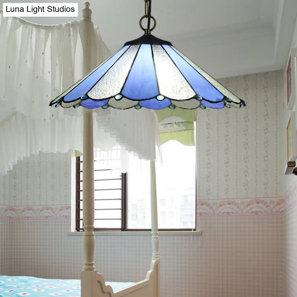 Baroque Blue Hand Cut Glass Conical Suspension Lamp - Bedroom Ceiling Light