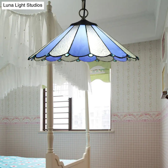 Baroque Blue Hand Cut Glass Conical Suspension Lamp - Bedroom Ceiling Light