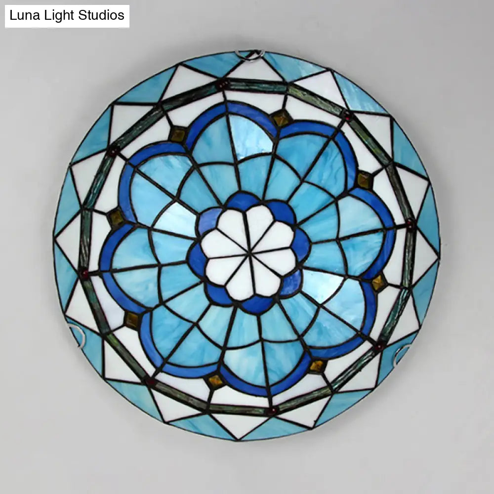 Baroque Bowl Flush Mount Stained Glass Ceiling Light In Blue/Blue - Brown - 12’/16’/19.5’ Wide