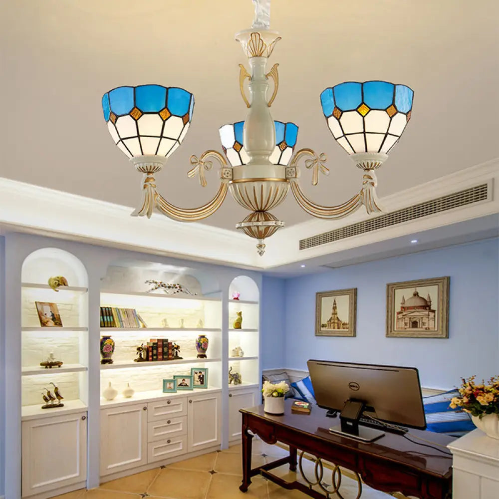 Baroque Bowl Hanging Light With Curved Arm - 3-Light Stained Glass Chandelier In Blue