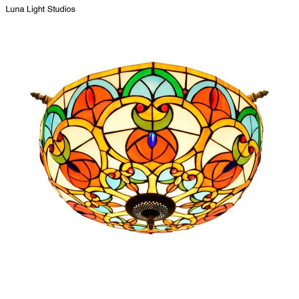 Baroque 5-Bulb Multicolored Stained Glass Ceiling Lamp - 21.5/25.5 W Brass Jewel Semi Flush Mount