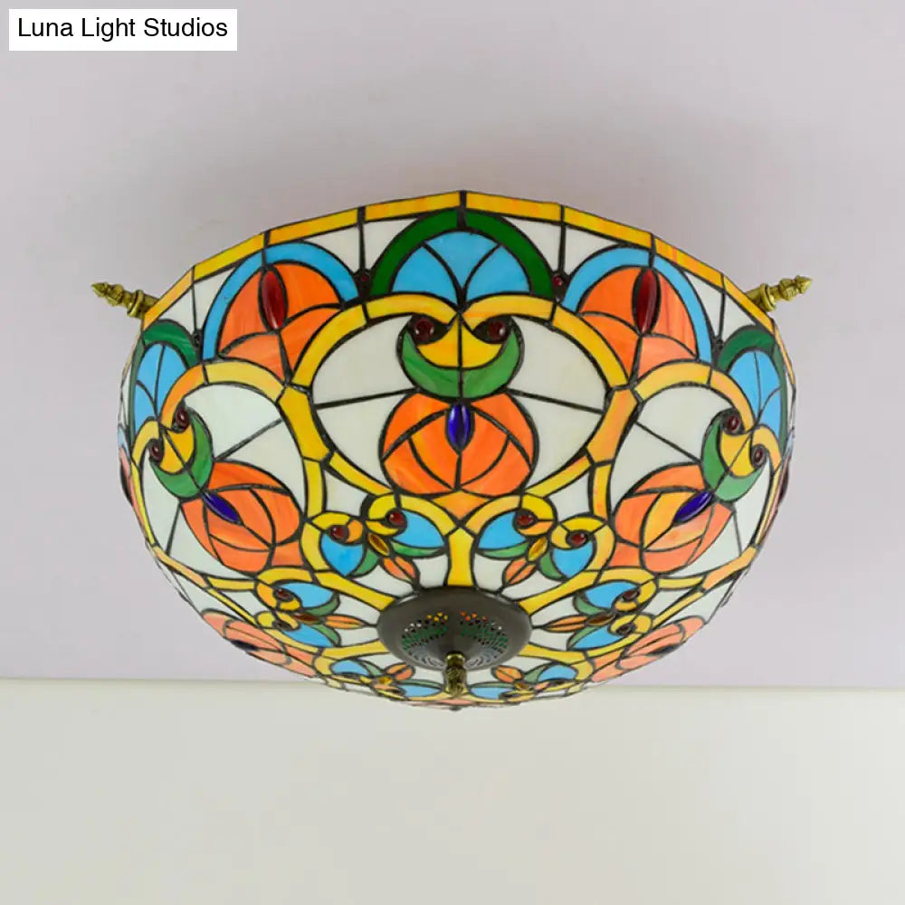 Baroque Brass Jewel Ceiling Lamp - 5 Multicolored Stained Glass Bulbs (21.5’/25.5’) Semi Flush