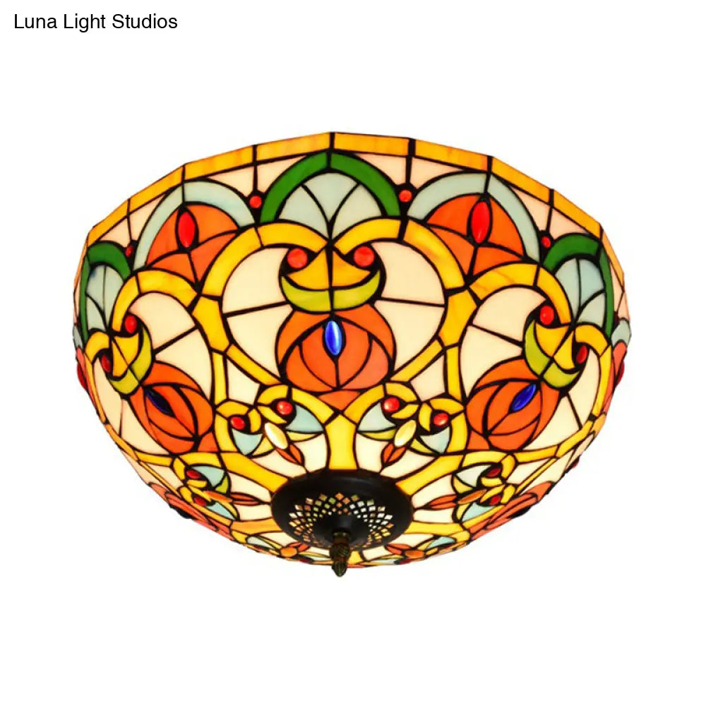 Baroque Bronze Stained Glass Dome Ceiling Lamp – 3-Light Flush Mount For Kitchen