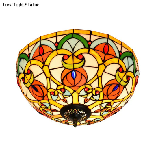 Baroque Bronze Stained Glass Dome Ceiling Lamp – 3-Light Flush Mount For Kitchen