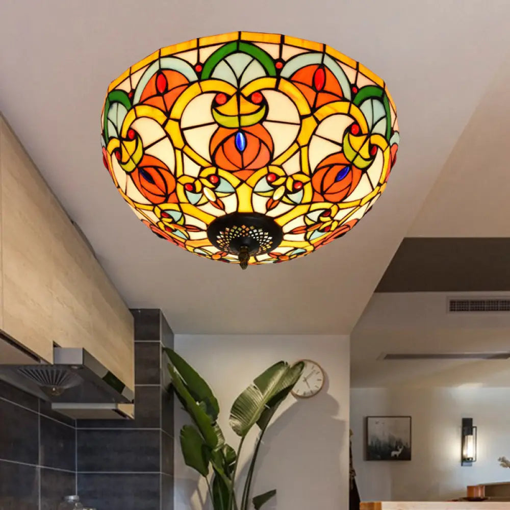 Baroque Bronze Stained Glass Dome Ceiling Lamp – 3-Light Flush Mount For Kitchen