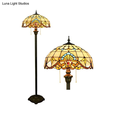 Baroque Brown Stained Glass Floor Lamp With Scalloped Dome Design Dual Heads Pull Chain - Ideal For
