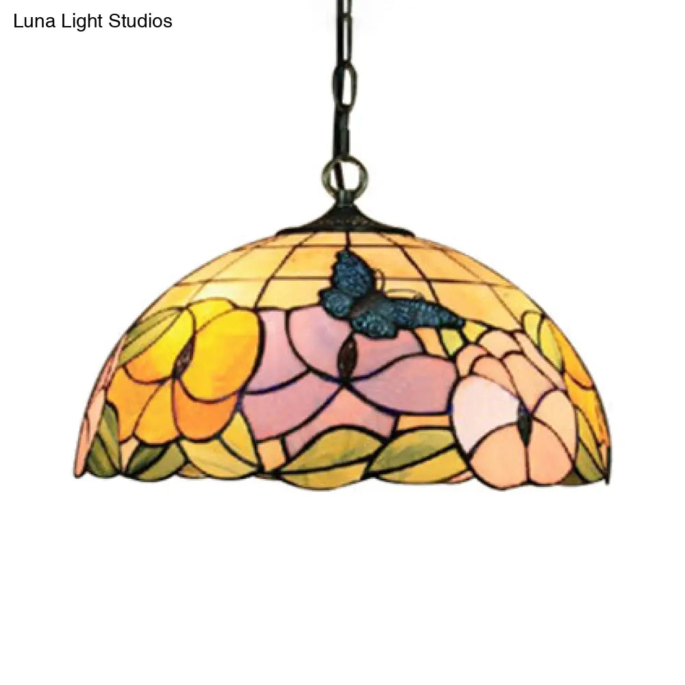Baroque Butterfly Suspension Lamp - 1-Head Yellow/Purple Stained Glass Ceiling Light 12’/16’ Wide