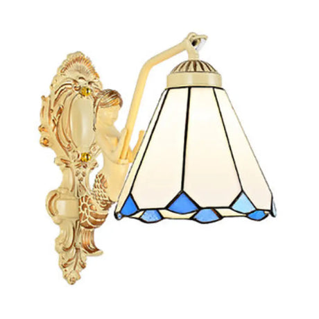 Baroque Dome/Cone Beige Glass Wall Sconce - Elegant Leaf/Gem/Flower Pattern 1-Light Mount Light /