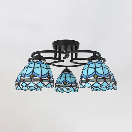 Baroque Glass Grid Pattern Semi Flush Light Fixture - 5 Lights Blue/Light Blue Black Ceiling Mount