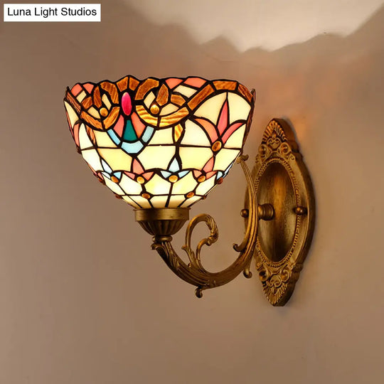 Baroque Gold Domed Wall Mount Lamp: 1-Head Stained Glass Sconce With Swirled Arm