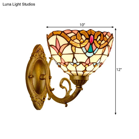 Baroque Gold Domed Wall Mount Lamp: 1-Head Stained Glass Sconce With Swirled Arm