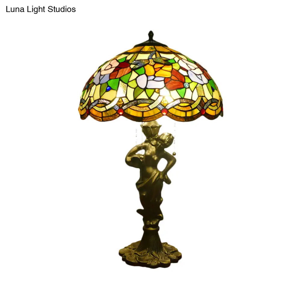 Baroque Gold Stained Glass Flower Patterned Night Lighting Lamp With Elegant Bell/Scalloped Design