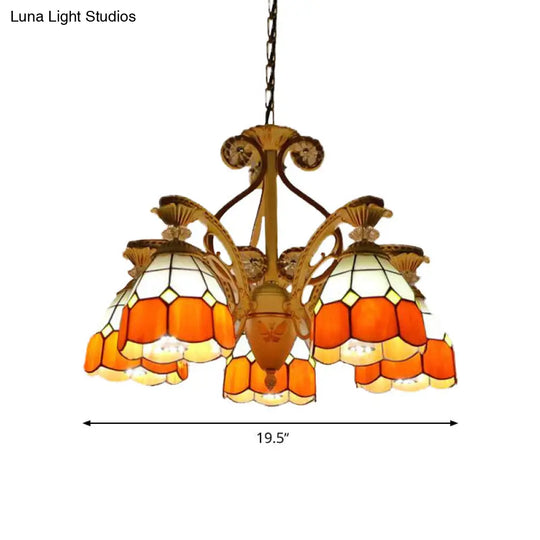 19/19.5 Orange/Blue Cut Glass Pendant Chandelier Dome - Baroque Grid Patterned Ceiling Lamp
