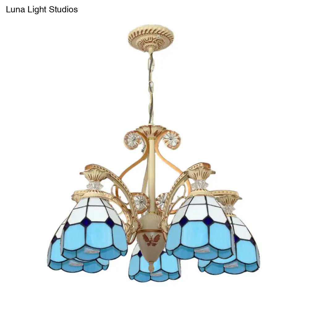 19/19.5 Orange/Blue Cut Glass Pendant Chandelier Dome - Baroque Grid Patterned Ceiling Lamp