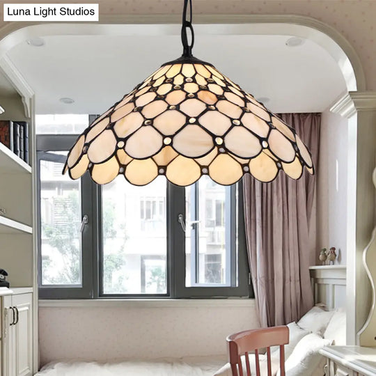 Baroque Hand Cut Glass Fishscale Pendant Light - Beige Hue Single Bulb Suspension
