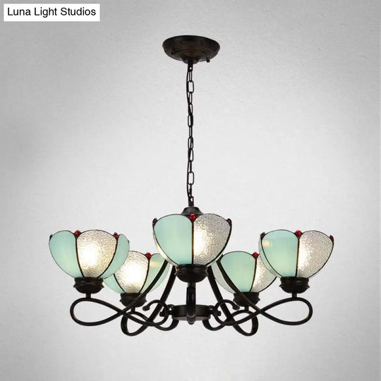 Baroque Hanging Chandelier With Scalloped Glass Shades And Curved Arm - 3/5 Lights In White Yellow
