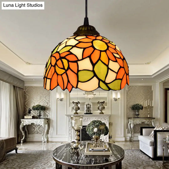 Baroque Orange Living Room Suspension Lighting Fixture With Stained Art Glass Shade