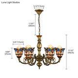 Baroque Peacock Tail Chandelier With 6 Vintage Stained Glass Pendants In Antique Bronze