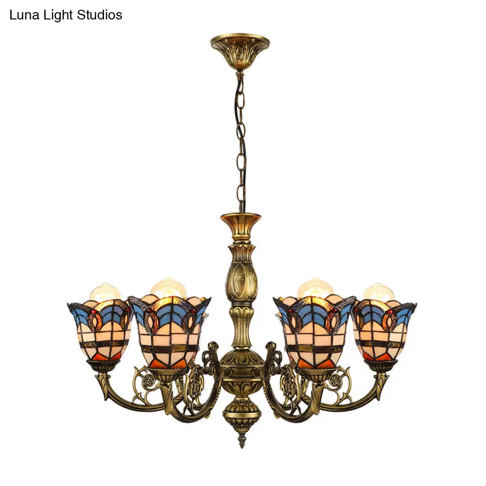 Baroque Peacock Tail Chandelier With 6 Vintage Stained Glass Pendants In Antique Bronze