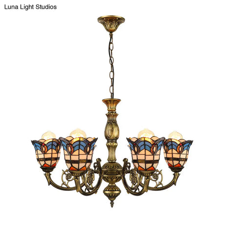 Baroque Peacock Tail Chandelier With 6 Vintage Stained Glass Pendants In Antique Bronze