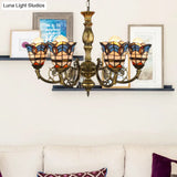 Baroque Peacock Tail Chandelier With 6 Vintage Stained Glass Pendants In Antique Bronze