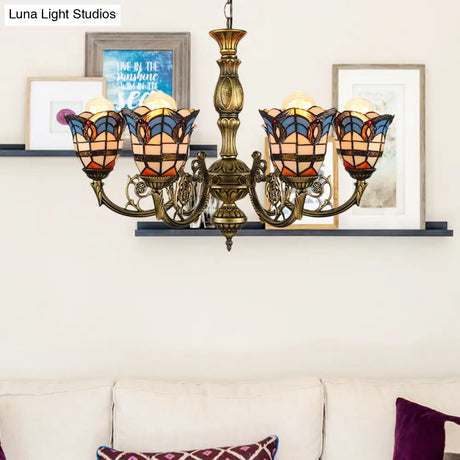 Baroque Peacock Tail Chandelier With 6 Vintage Stained Glass Pendants In Antique Bronze