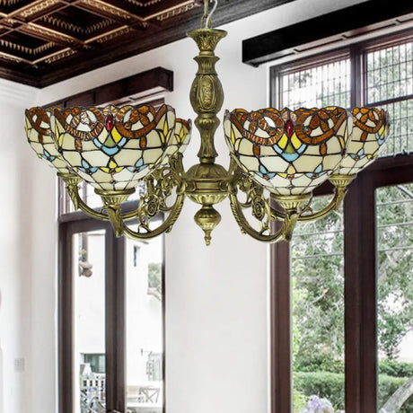 Baroque Peacock Tail Chandelier With 6 Vintage Stained Glass Pendants In Antique Bronze /