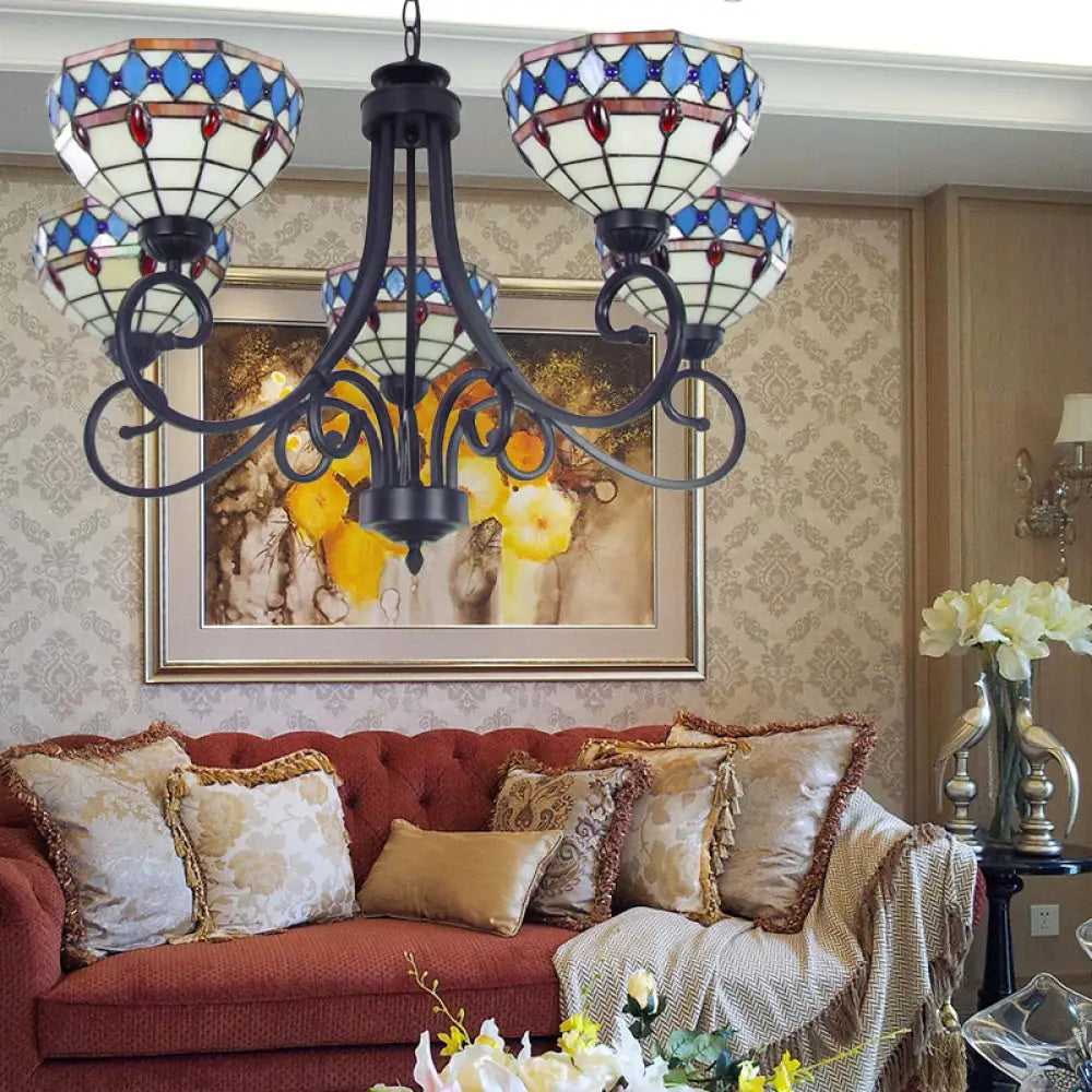 Baroque Pendant Light: Colorful Glass Bowl Chandelier 5 Lights - Hanging Chain Beige | Shopify