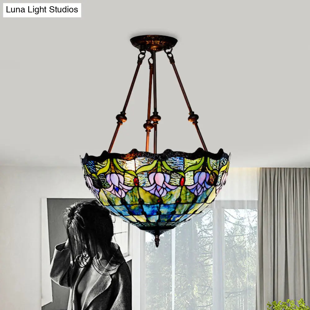 Baroque Red/Yellow/Blue Cut Glass Petal Semi Flush Mount Light: 2-Light Bronze Ceiling Fixture For