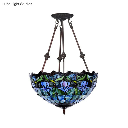 Baroque Red/Yellow/Blue Cut Glass Petal Semi Flush Mount Light: 2-Light Bronze Ceiling Fixture For