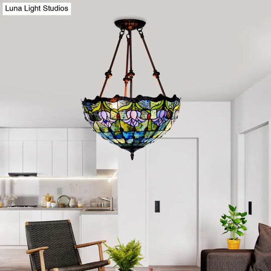 Baroque Red/Yellow/Blue Cut Glass Petal Semi Flush Mount Light: 2-Light Bronze Ceiling Fixture For