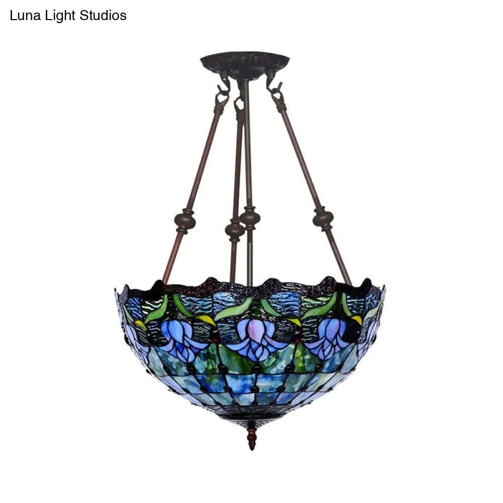 Baroque Red/Yellow/Blue Cut Glass Petal Semi Flush Mount Light: 2-Light Bronze Ceiling Fixture For