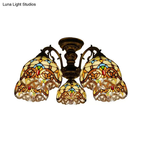 Baroque Semi Flush Ceiling Light In Aged Brass With Stained Glass Dome Shade