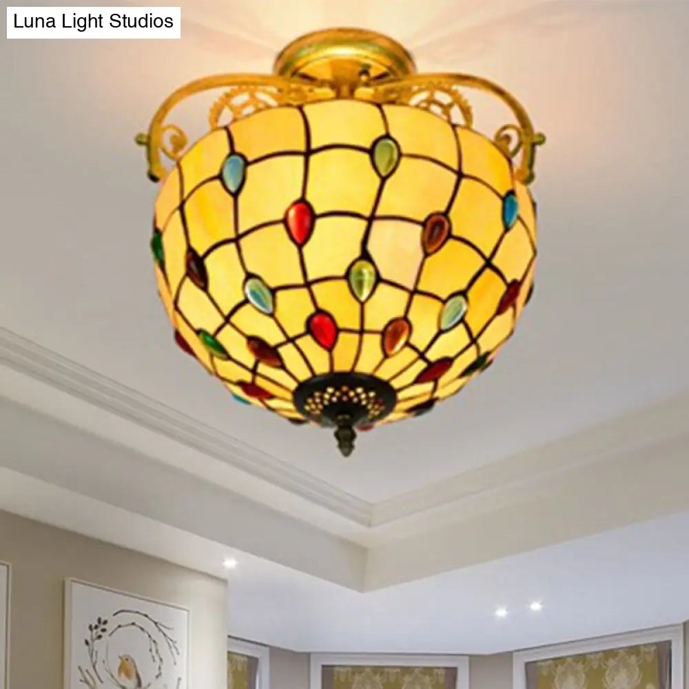 Baroque Semi Flush Mount Ceiling Light With Grid Pattern Cut Glass - 2 Lights In Yellow/Orange/Blue