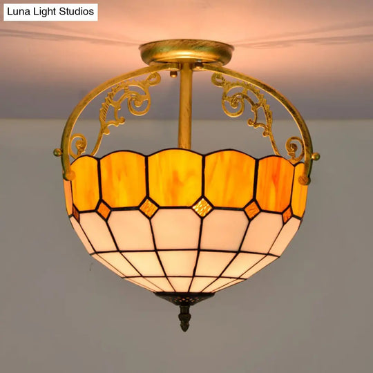 Baroque Semi Flush Mount Ceiling Light With Grid Pattern Cut Glass - 2 Lights In Yellow/Orange/Blue